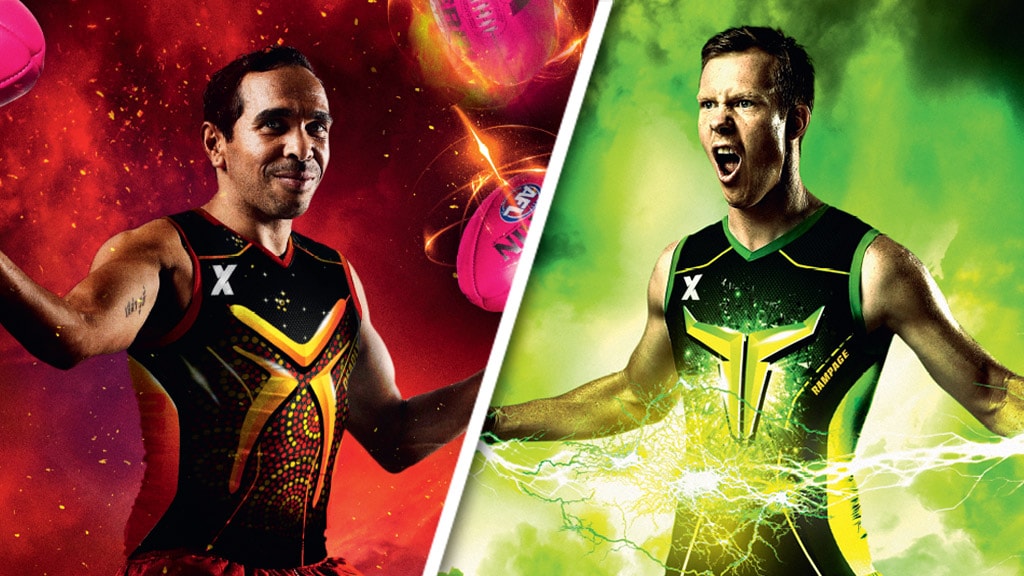 0502_AFLX_guernseys1024.jpg Eddie Betts (Team Deadly) and Jack Riewoldt (Team Rampage) model their teams' jumpers - AFLX,Patrick Dangerfield,Eddie Betts,Jack Riewoldt,Nat Fyfe